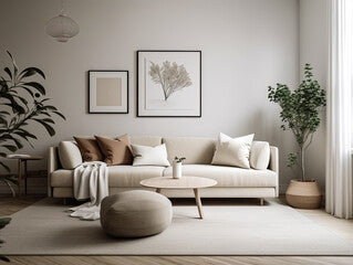 : Mock up wall in modern interior background, neutral wooden living room with dried plant and home decor, Generative AI