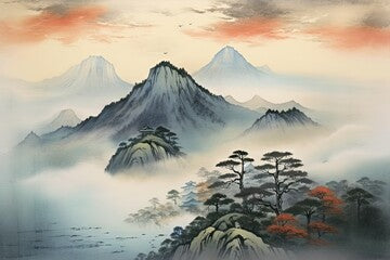 Traditional Japanese Mountain Landscape Painting - AI Generated
