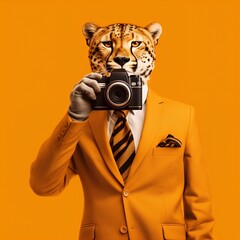 A cheetah in suite is holding a camera and taking portrait of people on a orange background