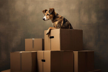 Dog sits on boxes, moving to a new home. Generative ai