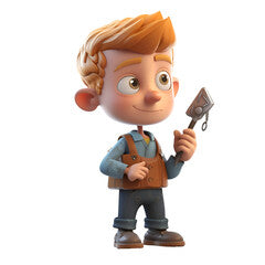 3D illustration of a cartoon character with a tool belt and wrench