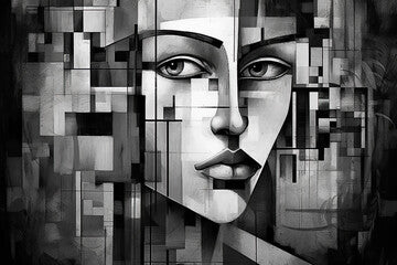Abstract Art Collage of Lonely Woman Face in Black and White, Psychology, Stress, Illustration