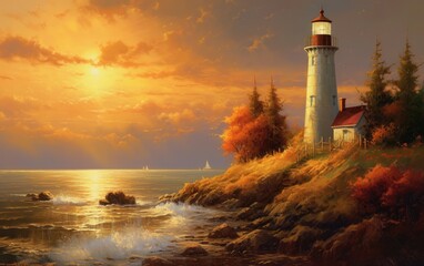 An atmospheric oil painting that captures the serene beauty of a lighthouse in its coastal setting.