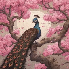 A beautiful peacock under a pink cherry blossom tree. (Illustration, Generative AI)