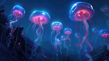 Glowing jellyfish swim deep in blue sea