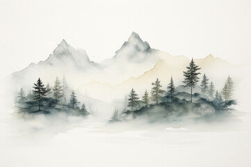 Watercolor mountains and forest. Generative ai