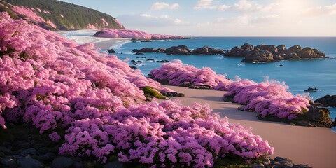 Landscape with pink flowers, rocks, beach and beautiful turquoise sea water.