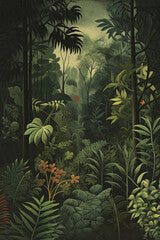A beautiful illustration of a lush forest scene in a vintage style, enriched with a subtle grainy texture