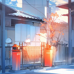3d render of a modern city street with a garbage bin. Japanese anime syle.