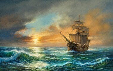 An old sailing ship in the rays of a sea sunset or sunrise. Beautiful colors and richness of the seascape, romantic landscape, ship in the sea, paintings sea landscape.