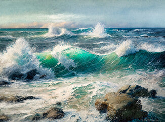 Digital oil paintings sea landscape, waves crashing on rocks. Fine art, artwork