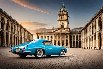 A classic sports car parked in front of a historic landmark, with ornate architecture and a sense of heritage.