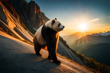 a bear with a smile on a mountain during a sunrise