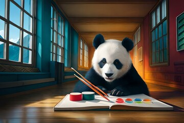 3d render of a panda drawing a painting