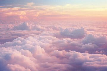 Flying among the clouds at dusk, pink sky