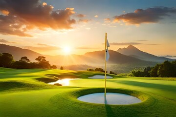A picturesque golf scene unfolds, featuring a golf ball perched on a tee on a sun-kissed fairway