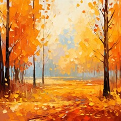 oil painting on canvas of a yellow autumn landscape.