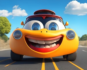 3d cartoon car smiling on road