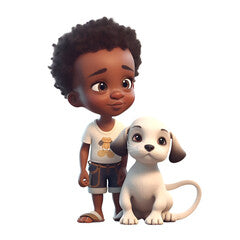 3D digital render of a little boy with a dog isolated on white background