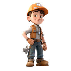 3D illustration of a cartoon character with a tool belt and helmet