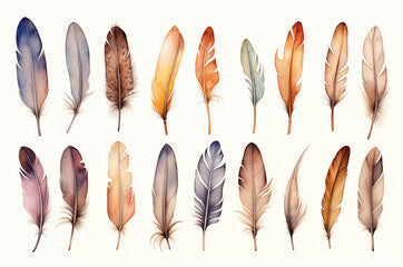 Big Set of colorful boho feathers. watercolor feathers. Generative ai