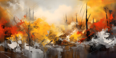 Painting of an isolated landscape. Poetic portrait of an autumnal forest. Generative AI.