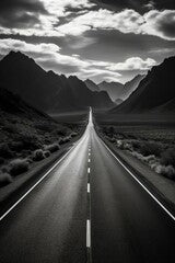 Highway in the mountains. Black and white image. Long exposure.