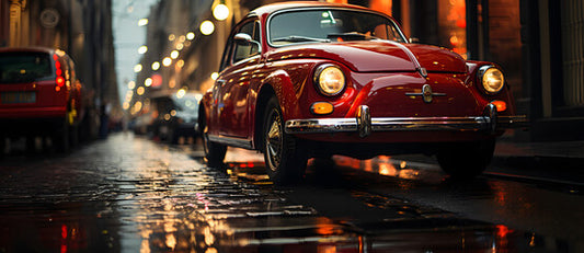 a red car is parked on a wet city street Generated by AI