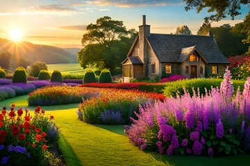 a beautiful house around a garden, beautiful wallpapers, textures and backgrounds - Generative AI