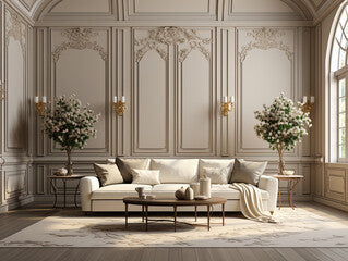 3d render illustration mockup, contemporary classic white beige interior with furniture and decor Generative AI..