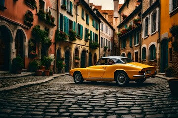 A vintage sports car parked in a charming European village, with cobblestone streets, colorful buildings, and historic architecture