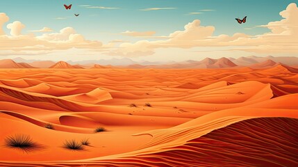 A bird flies over a distant desert with sand dunes. (Illustration, Generative AI)