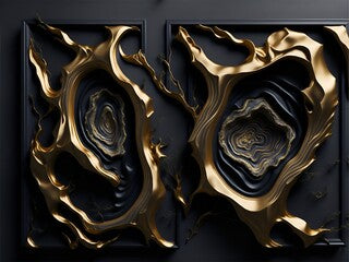 3d wallpaper for wall frames fractal flowers golden and black liquid marble background. Resin geode and abstract art, functional art, like geode painting. Ai Generated