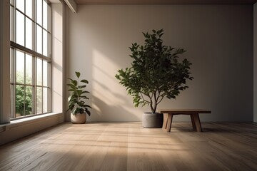 a barren room with a plant and a hardwood floor. Generative AI