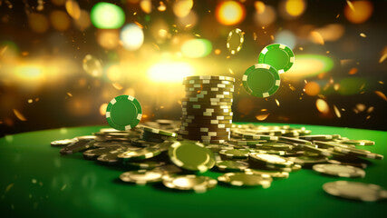 3d illustration of casino chips over green background with bokeh generative ai