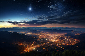 A cosmic spectacle unfolds as meteors grace the night over mountains and city Generative AI