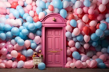 A colorful door with balloons coming out, in the style of photorealistic still life, light pink and azure, colorful chaos