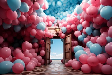 A colorful door with balloons coming out, in the style of photorealistic still life, light pink and azure, colorful chaos