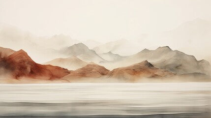 Watercolor illustration of lake or sea and mountains in a minimalist style.
