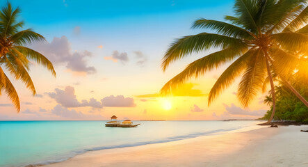 An idyllic beach and ocean landscape on a tropical island with palm trees and coconut trees in the sunset light