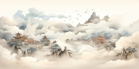 AI Generated. AI Generative. Ancient chinese temple mountain fog mist landscape. Vacation adventure outdoor asian traditional drawing painting art. Graphic Art