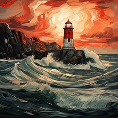 A lighthouse painting with wave, water, and cloudy sky. (Generative AI)
