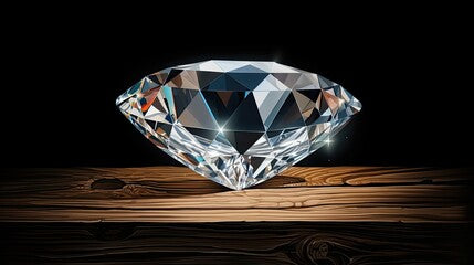 A big diamond on wooden table beside black background. (Generative AI)