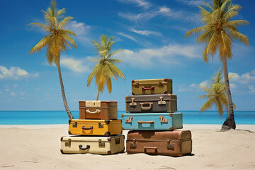suitcases on a sandy beach, ai generated
