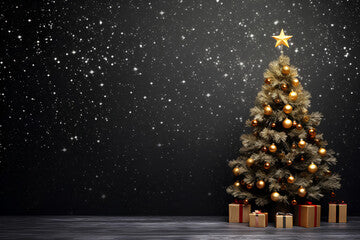 A beautiful Christmas tree with very nice decorations and presents under the tree. Black background with snowflakes, copyspace. New Year's concept. Generative AI
