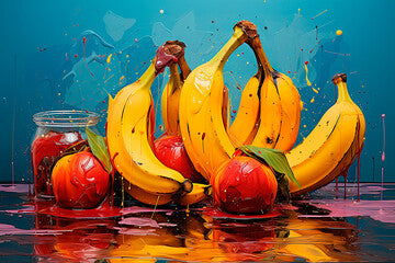 Abstract watercolor bananas and apples on a blue background. Still life, oil painting, poster. Generative AI