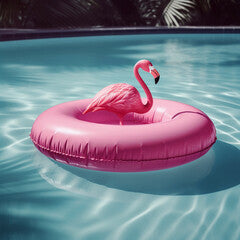 An inflatable swimming circle in the shape of a pink flamingo floats in the blue water of the pool, Generative AI, generative artificial intelligence