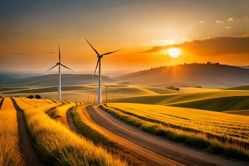 wind turbines in the sunset - Generative AI