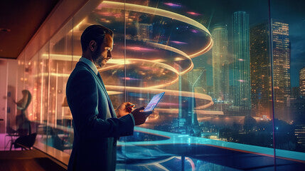 A man using digital tablet, and modern buildings hologram.