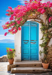 Old turquoise-colored house made of stone, the door is a gate, wild flowers and a tree with blossoms grow on the gate and window, the sea can be seen in the background, strong colors.